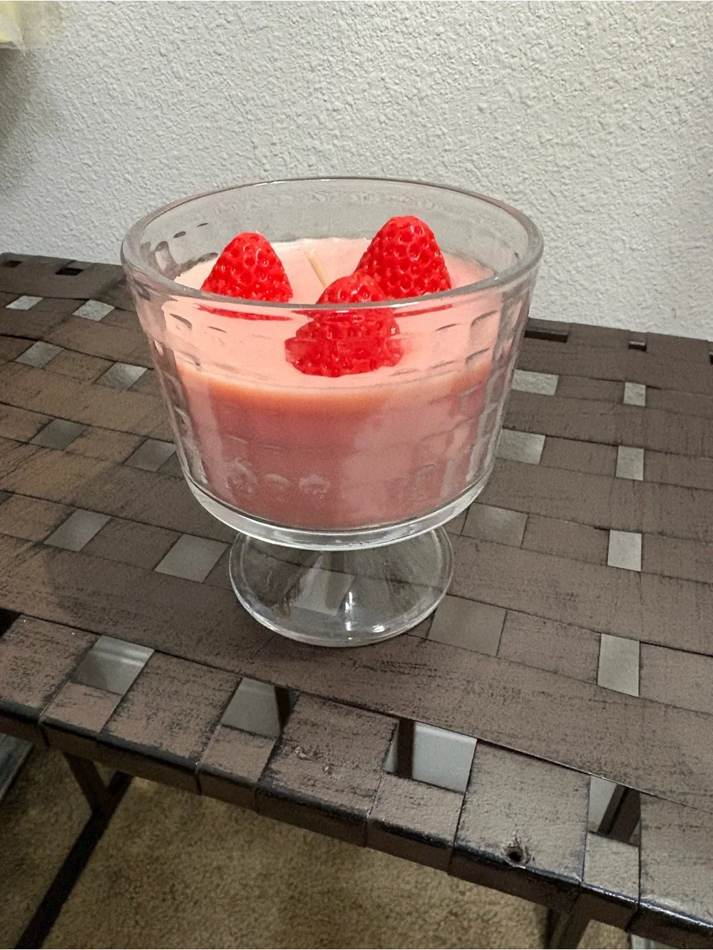 Strawberry Parfait scented pink candle in parfait dish pink w/ red strawberries